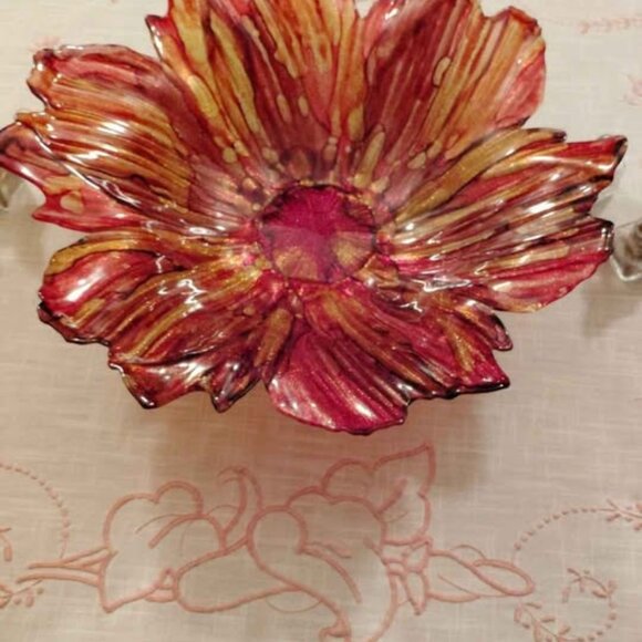 Large Hand Blown Sparkling Multi-Colored Glass Bowl Red Orange Amber Uneven Edge